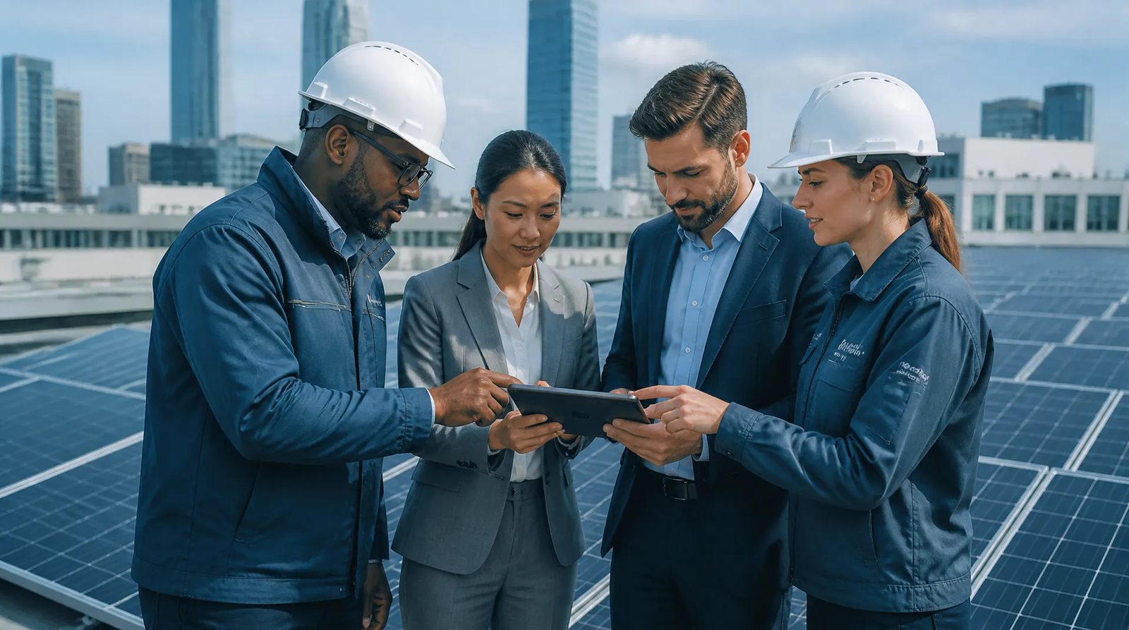 Our team reviewing a commercial solar plan on a rooftop