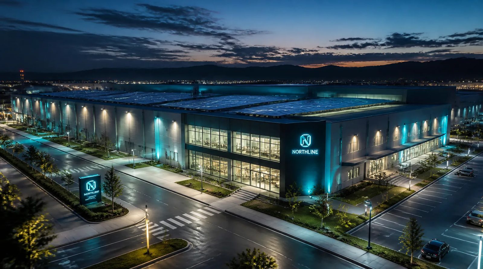 Aerial view of a commercial warehouse rooftop covered in solar panels at blue hour